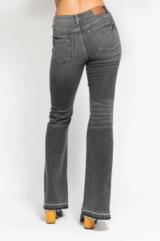 Judy Blue Full Size Mid Rise Tummy Control Washed Gray Release Hem Flare Jeans Plus Size OutfitFlow