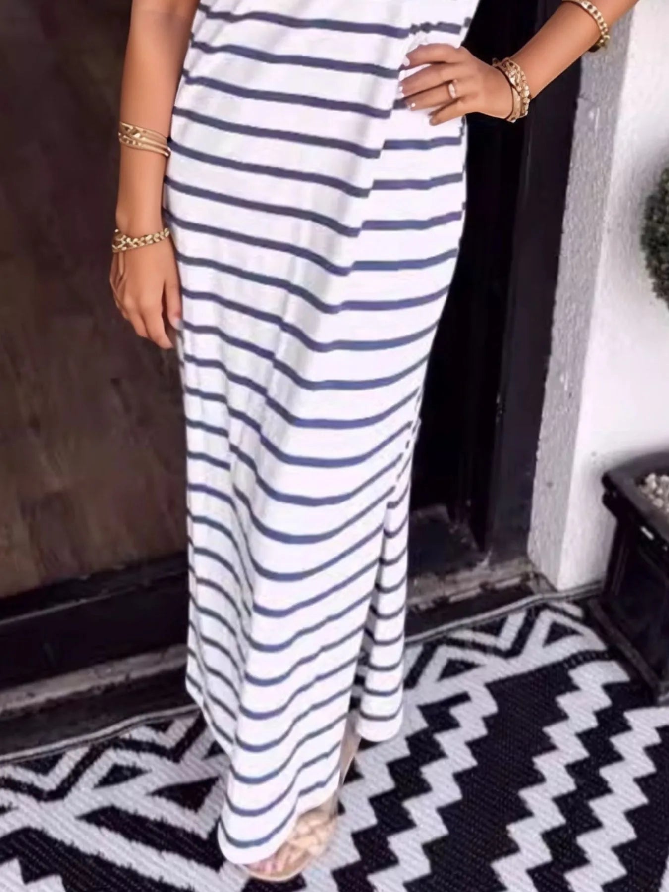 Full Size Striped T-Shirt Maxi Dress with Side Slit Plus Size OutfitFlow