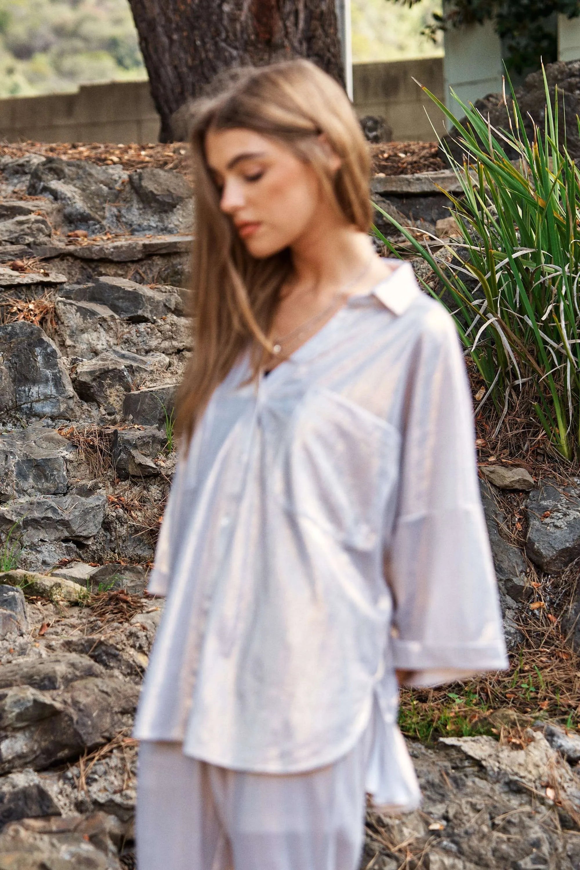 Davi & Dani Solid Sparkling Shimmer Pocket Button Front Shirt OutfitFlow