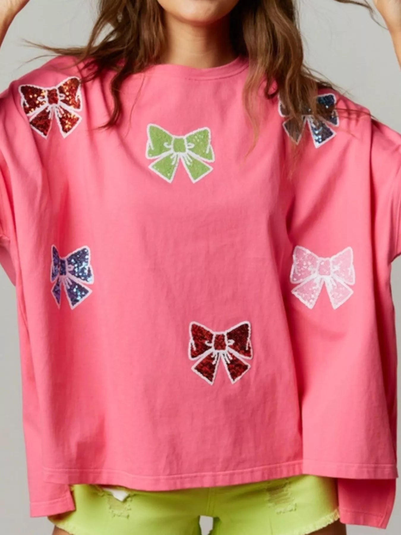 Sequin Bow Round Neck T-Shirt OutfitFlow