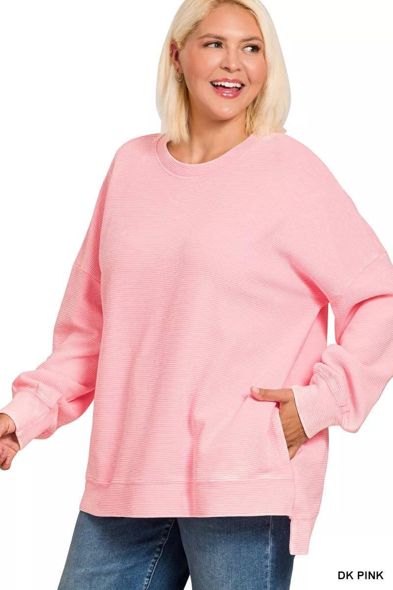 Zenana Full Size Acid Washed Double Ribbed Hi-low Sweatshirt Plus Size OutfitFlow