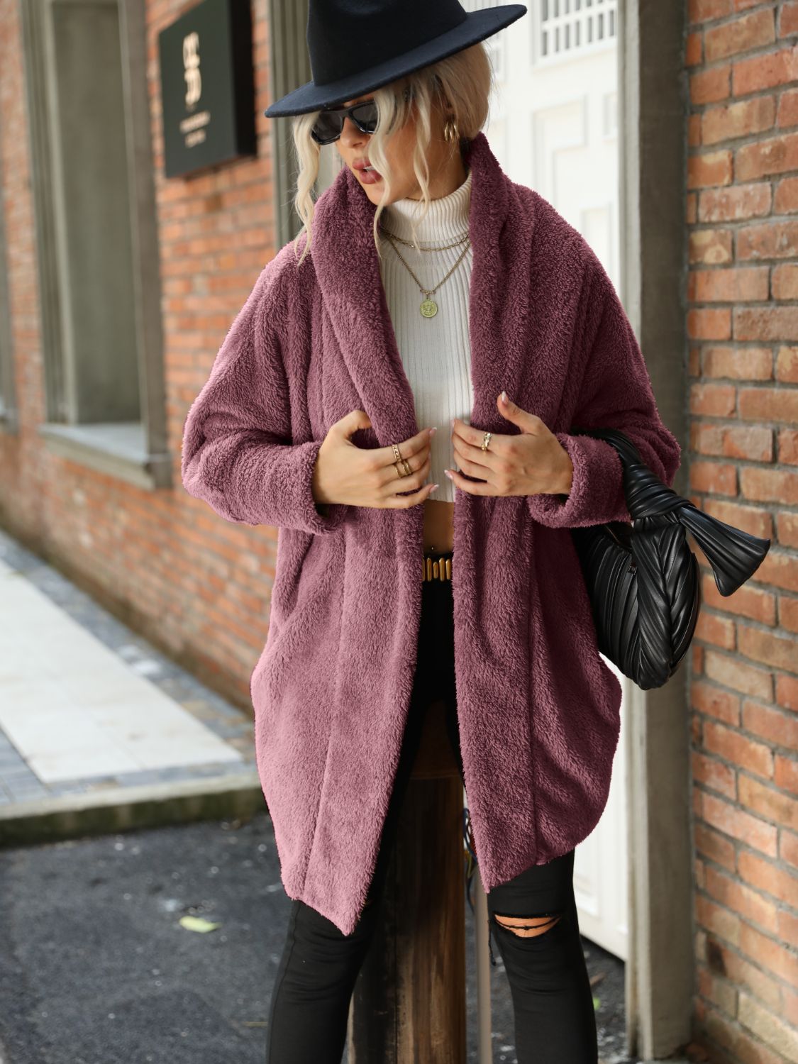 Open Front Hooded Teddy Coat Moonlit Mauve OutfitFlow