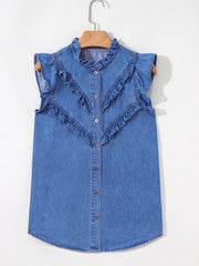 Mineral Wash Cap Sleeve Frilled Button Up Denim Shirt OutfitFlow