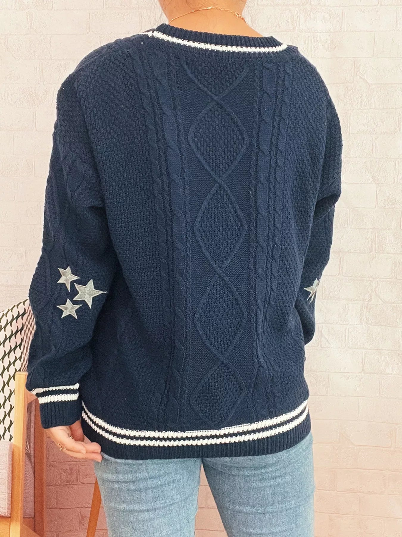 Star Pattern Button-Up Cardigan with Contrast Trim OutfitFlow