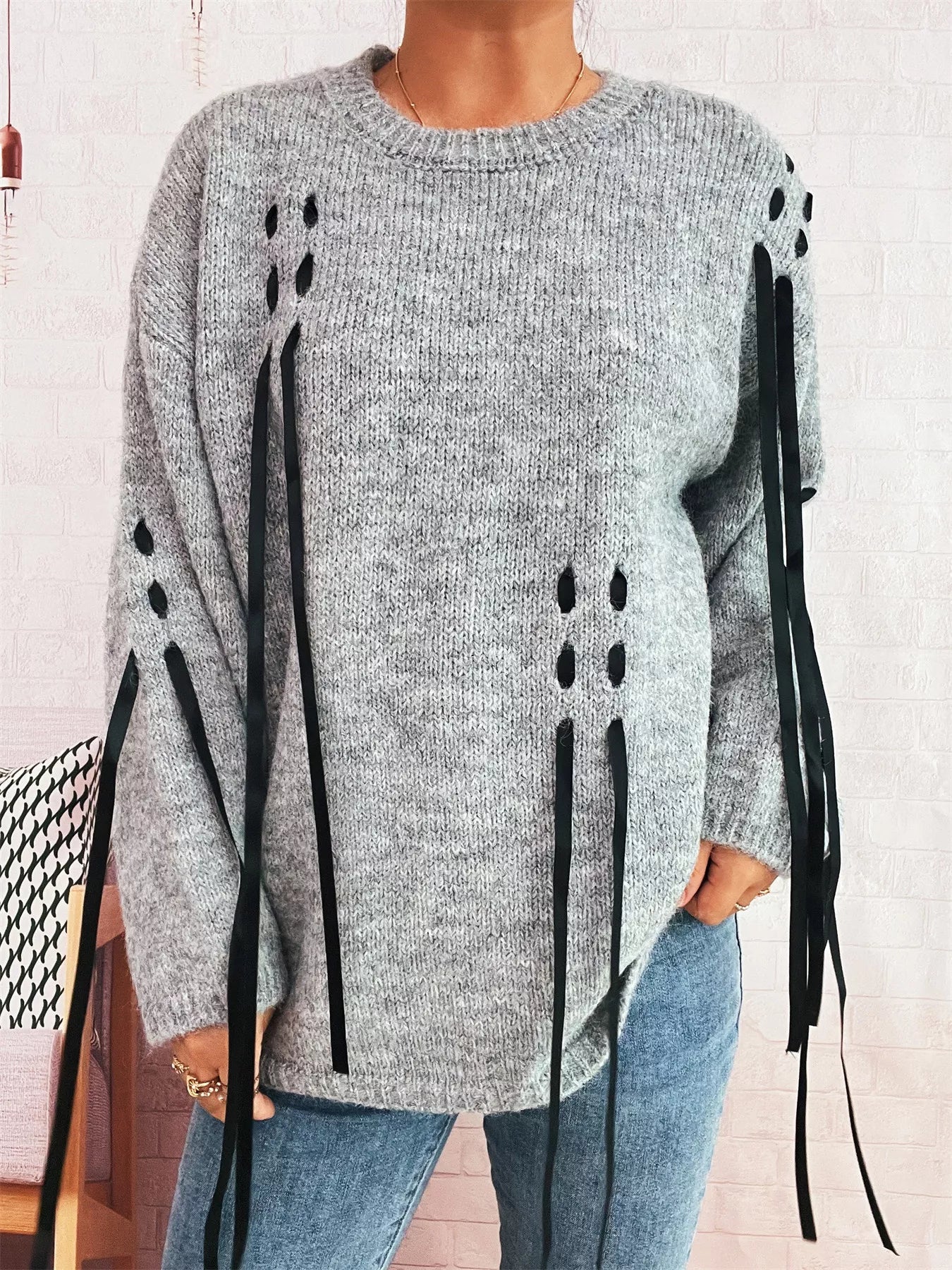 Round Neck Long Sleeve Sweater with Ribbon Details OutfitFlow