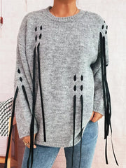 Round Neck Long Sleeve Sweater with Ribbon Details OutfitFlow