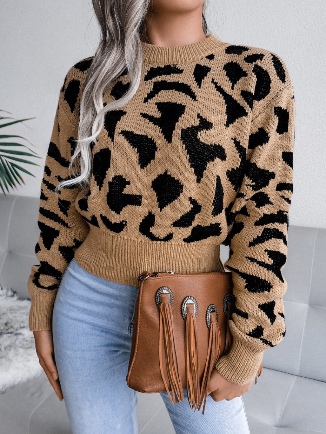 Outfit Flow - Leopard Round Neck Dropped Shoulder Sweater