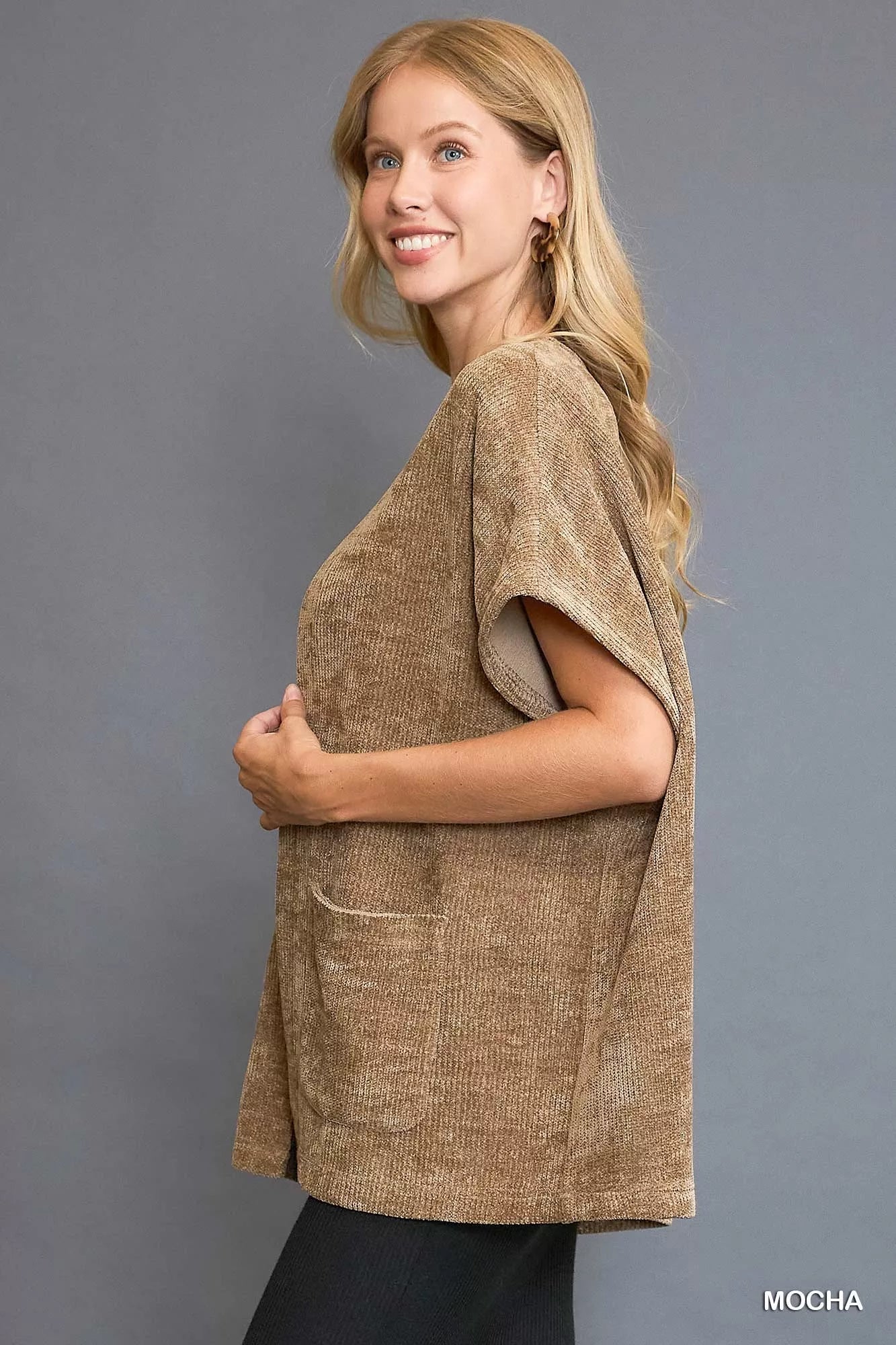 Umgee Open Front Knit Cardigan with Front Pockets OutfitFlow