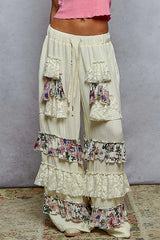 POL Drawstring Double Gauze Wide Leg Pants with Print and Lace Ruffle NATURAL OutfitFlow