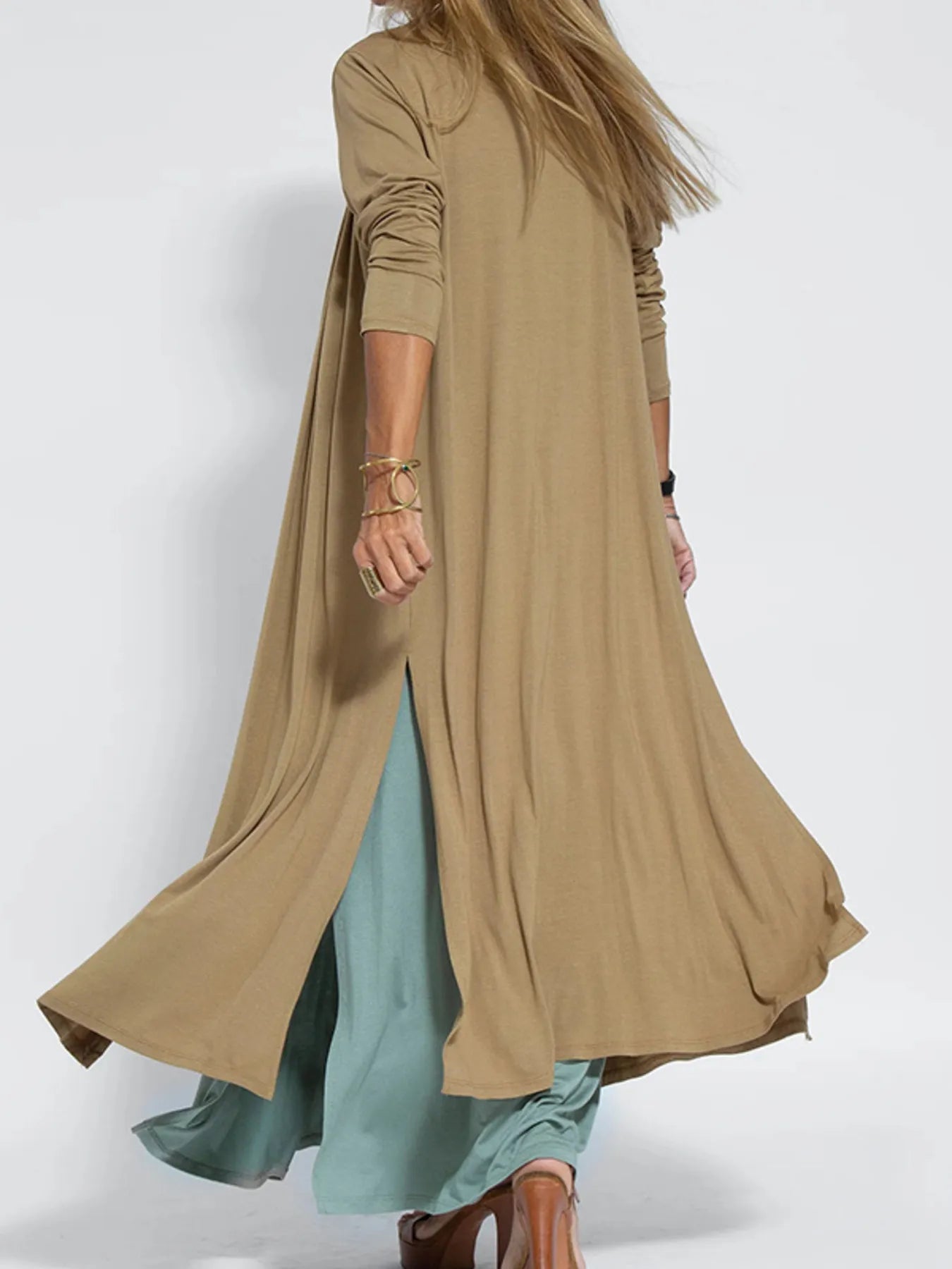 Full Size Open Front Side Slit Longline Cardigan Plus Size OutfitFlow