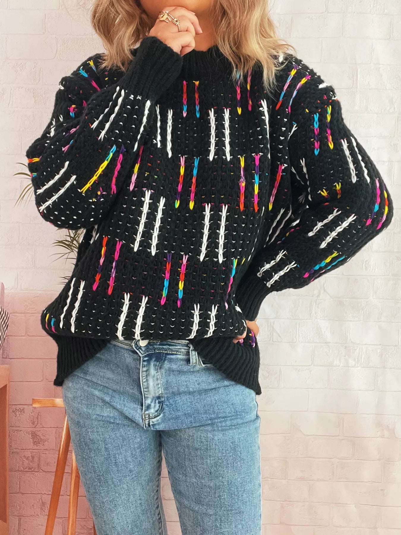Colorful Round Neck Long Sleeve Sweater OutfitFlow
