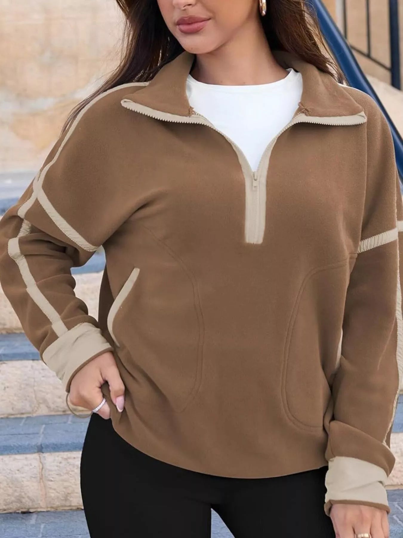 Half Zip Dropped Shoulder Sweatshirt OutfitFlow