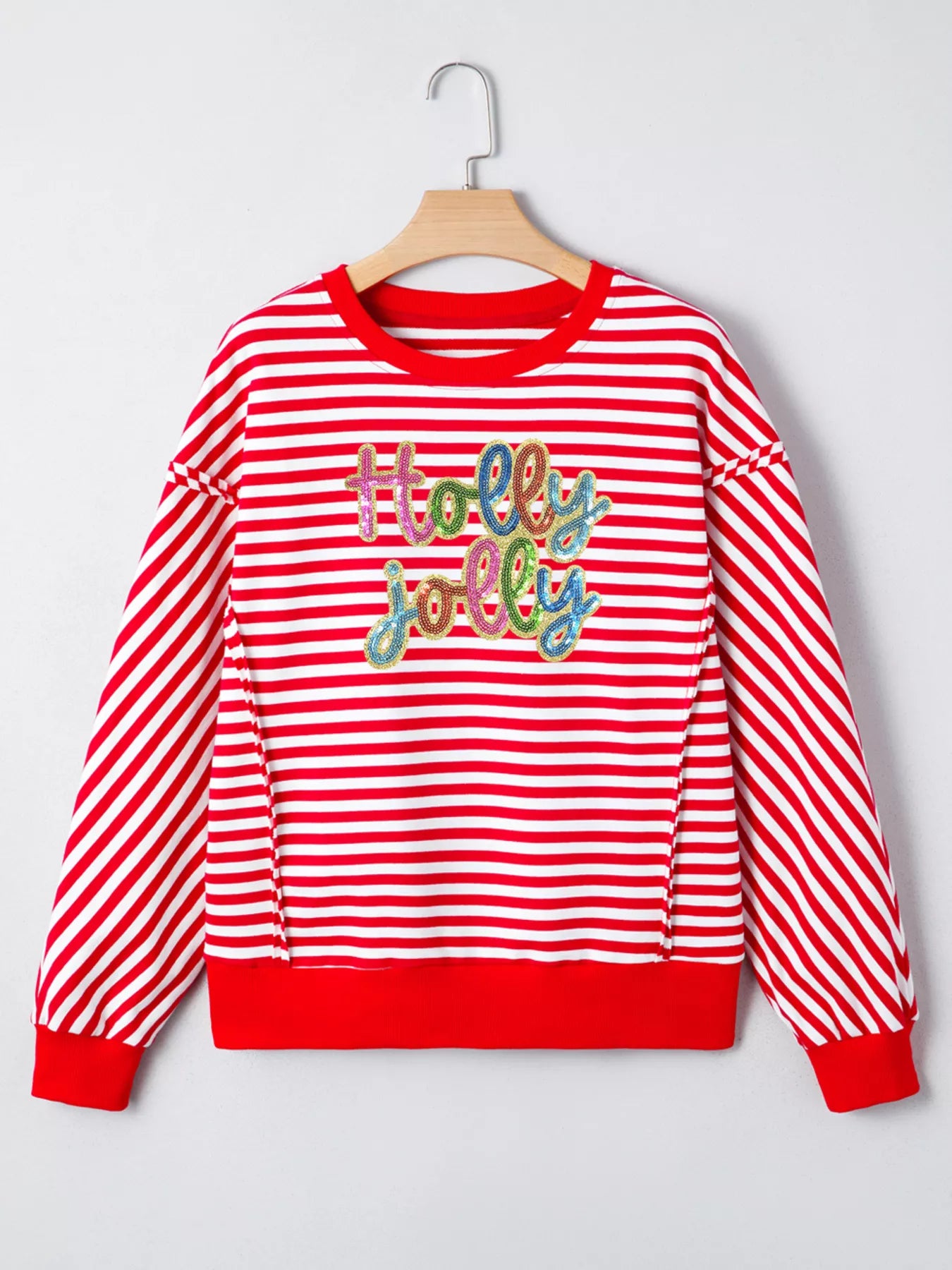 Stripe Holly Jolly Sequin Graphic Drop Shoulder Long Sleeve Top OutfitFlow