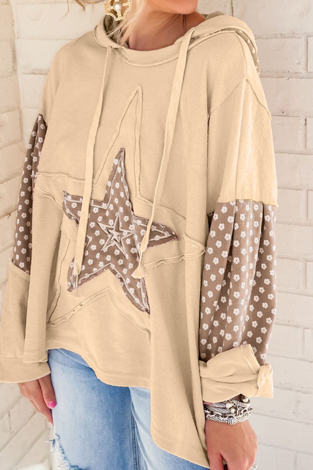 Outfit Flow - Floral Patchwork Star Pattern Drawstring Hoodie