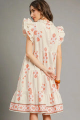 Umgee Printed Tie Neck Ruffle Cap Sleeve Dress OutfitFlow