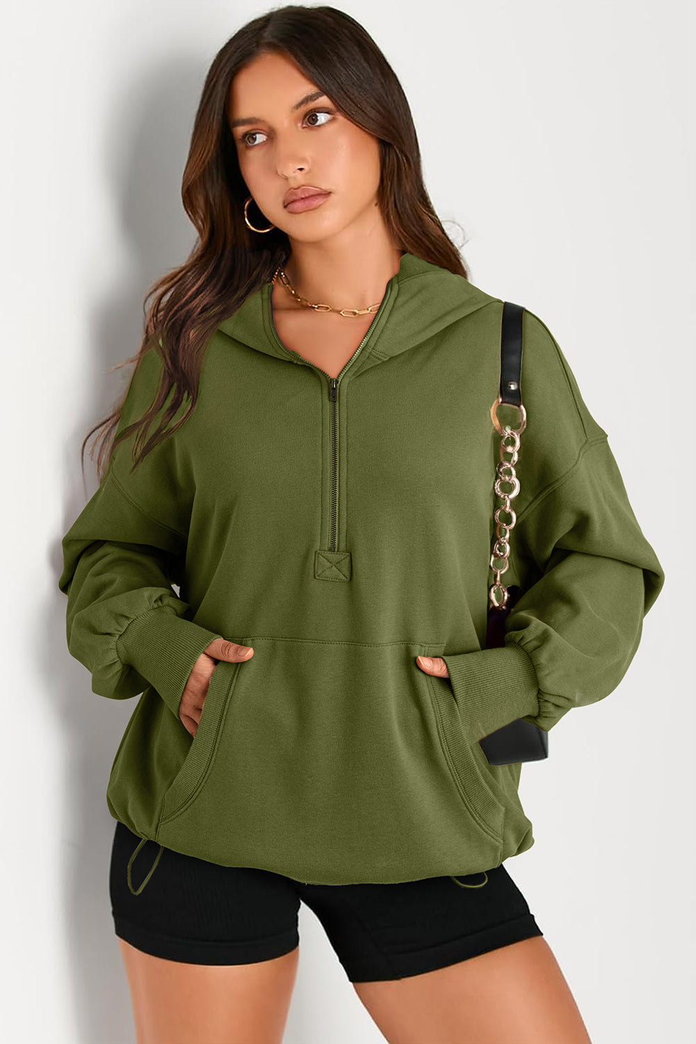 Outfit Flow - Pocketed Half Zip Long Sleeve Hoodie