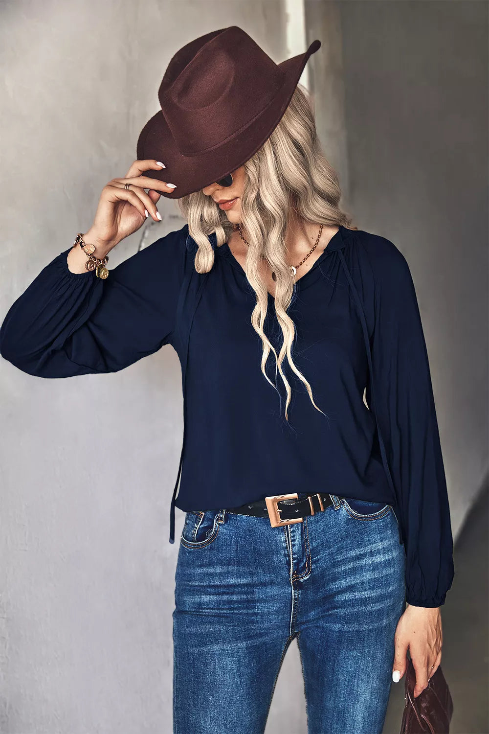Tie Neck Long Sleeve Blouse OutfitFlow