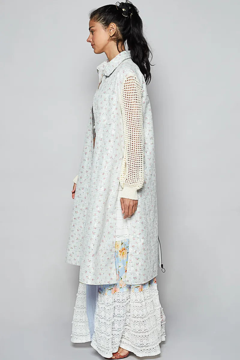 POL Printed Lace Longline Shacket with Back Open Zipper OutfitFlow