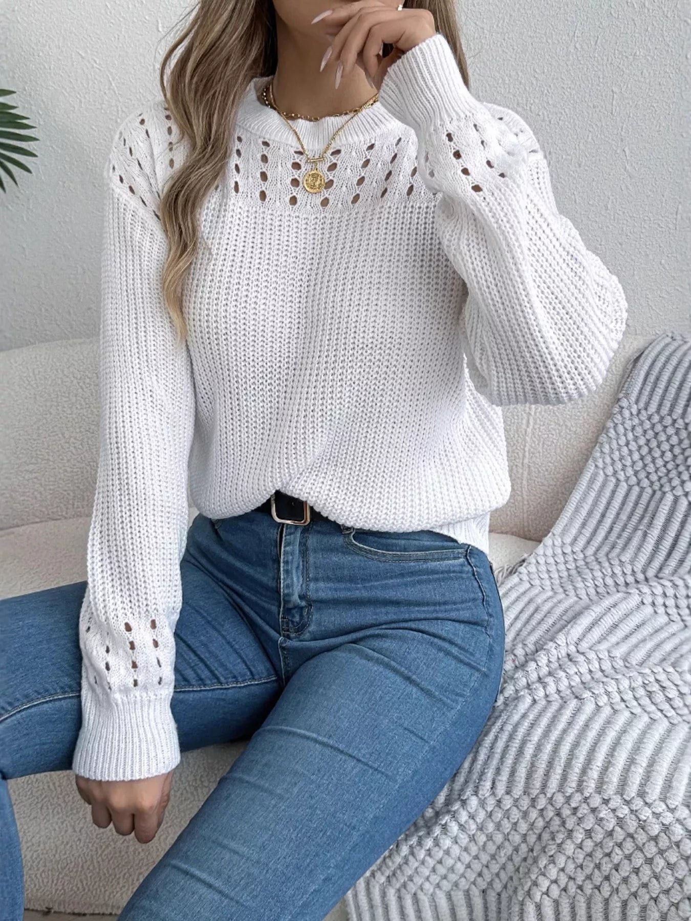Openwork Round Neck Long Sleeve Sweater White OutfitFlow