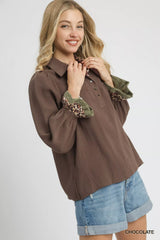 Umgee Half Button Blouse with Leopard Print Trim OutfitFlow