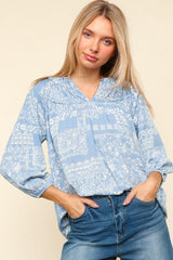 Haptics Full Size Printed Notched Balloon Sleeve Blouse