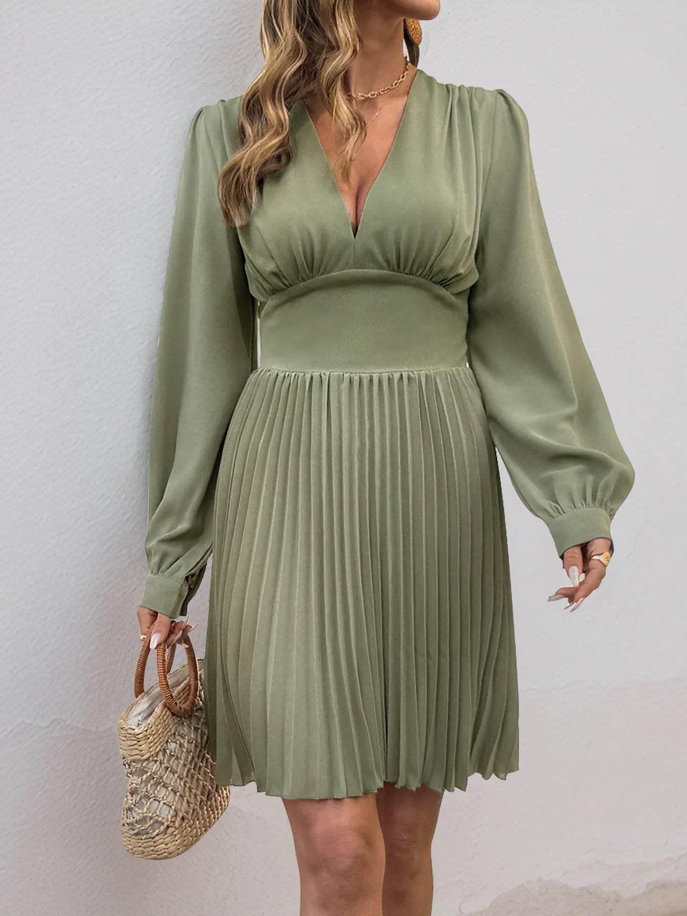Pleated Long Sleeve V-Neck Dress OutfitFlow