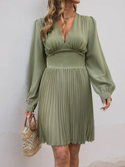 Pleated Long Sleeve V-Neck Dress OutfitFlow