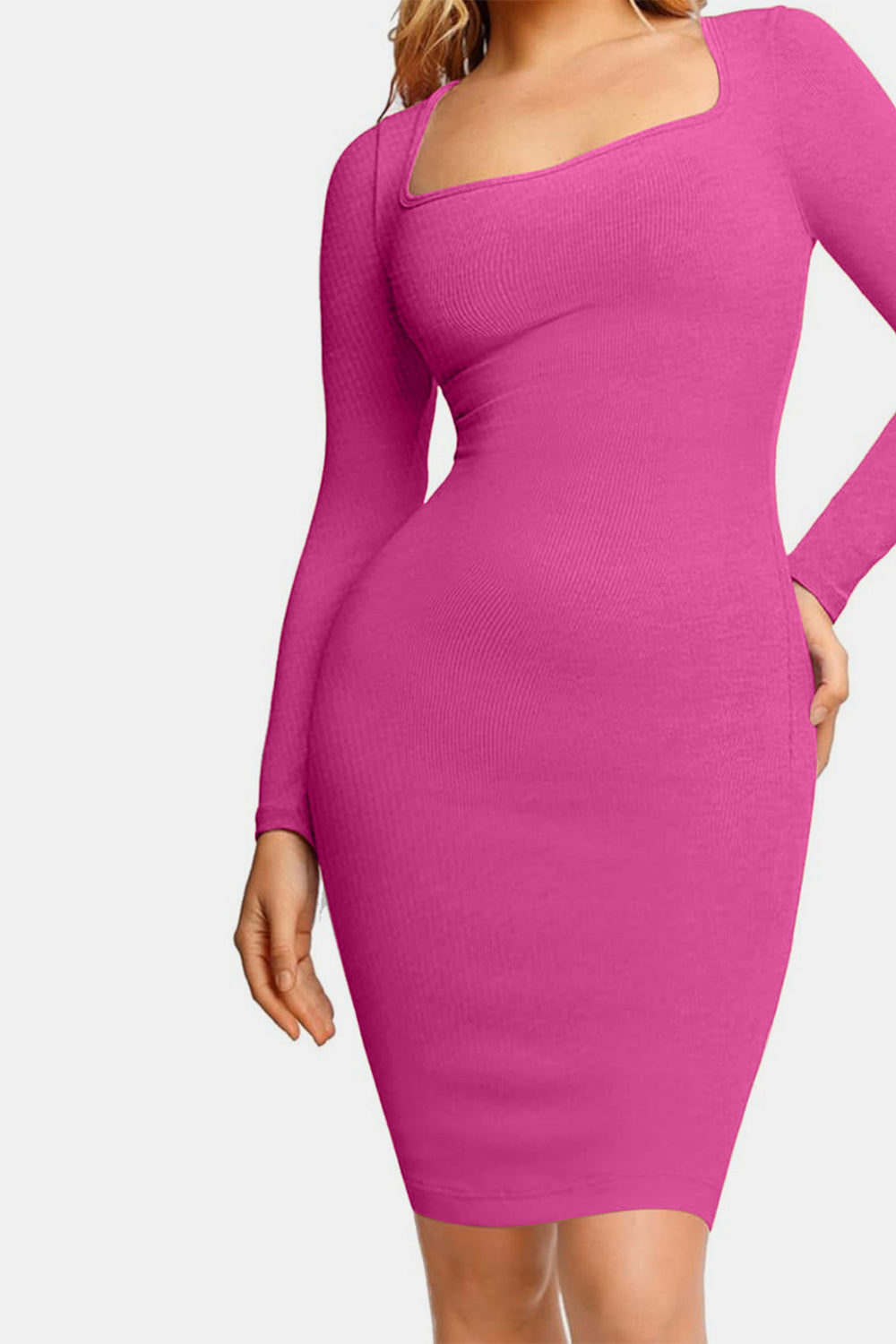 Outfit Flow - Basic Bae Full Size Built-In Shapewear Square Neck Long Sleeve Dress