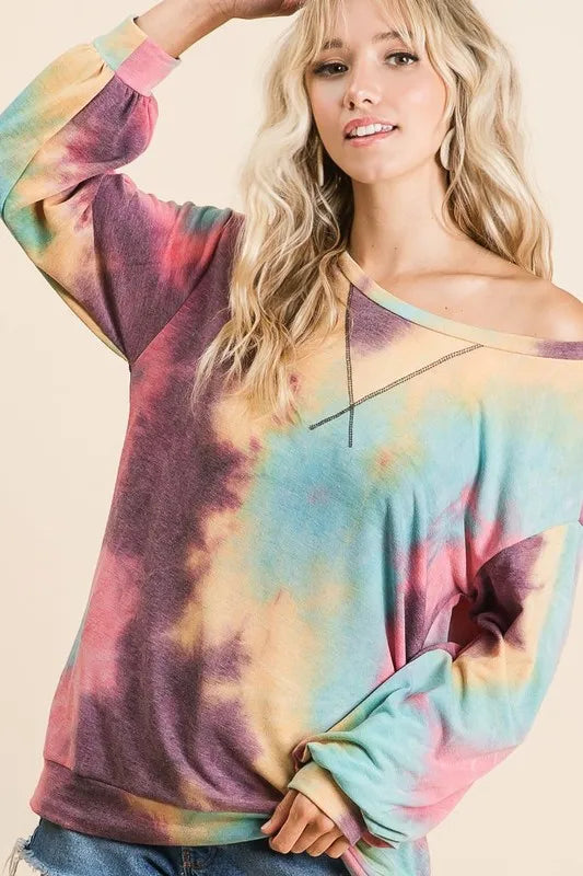 BiBi Tie Dye Print French Terry Sweatshirt OutfitFlow