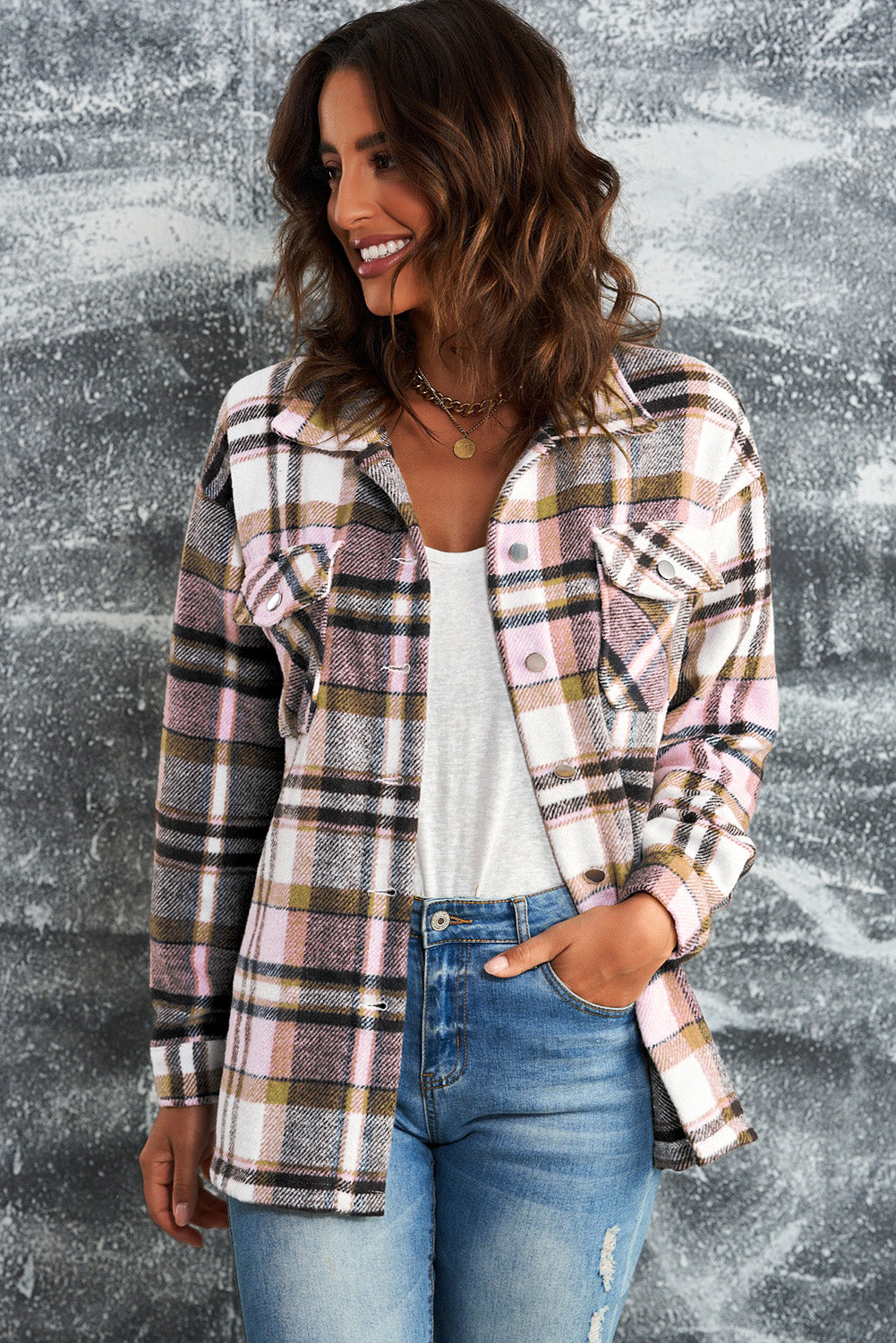 Plaid Button Front Shirt Jacket with Breast Pockets Pink Trendsi