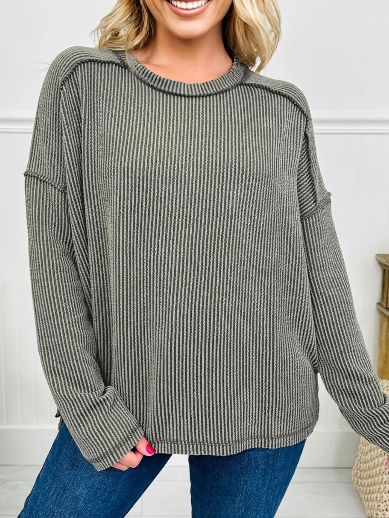 Twist Ribbed Exposed Seam Detail Long Sleeve Loose Top OutfitFlow