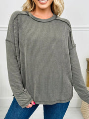 Twist Ribbed Exposed Seam Detail Long Sleeve Loose Top OutfitFlow
