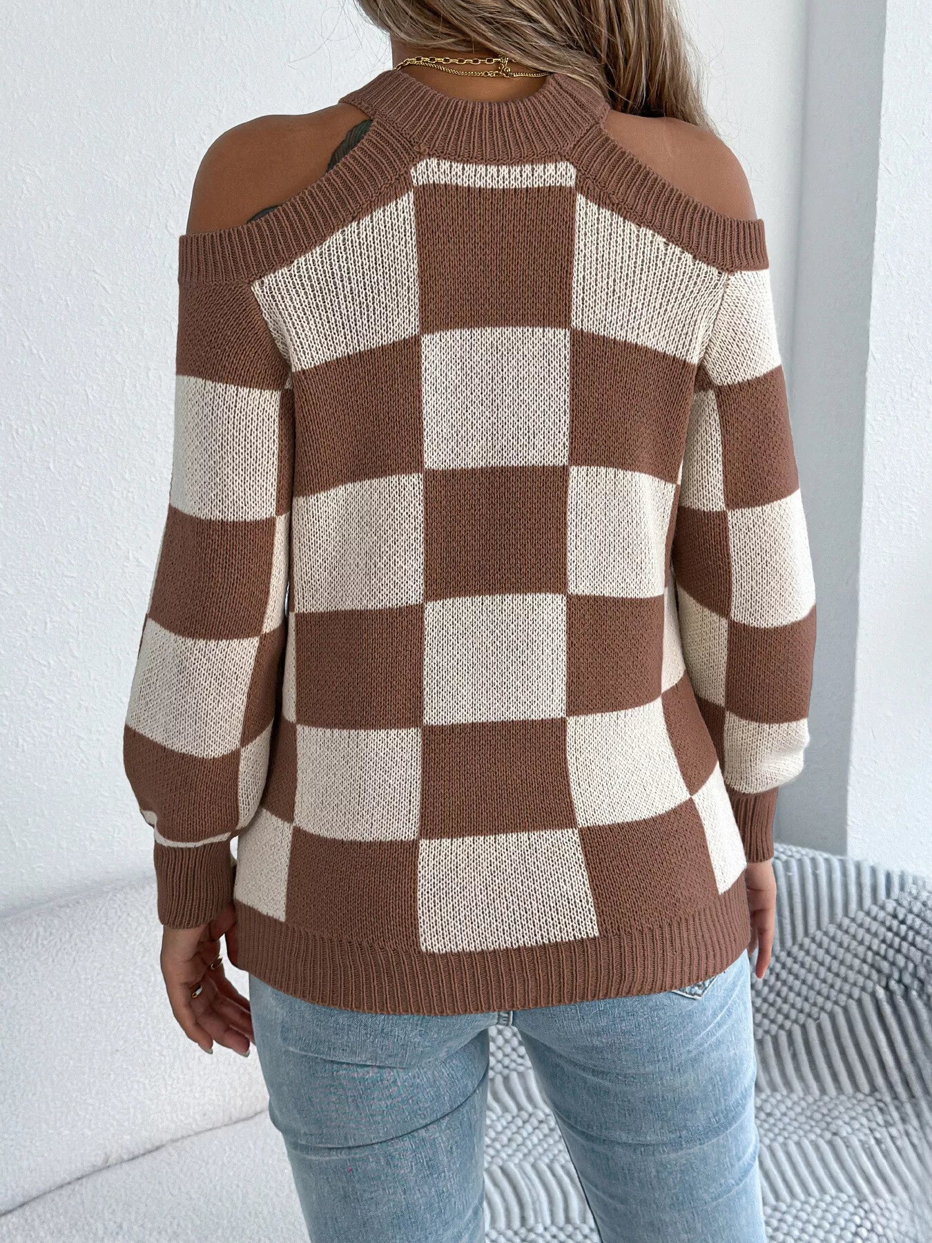 Cold Shoulder Checkered Long Sleeve Sweater OutfitFlow