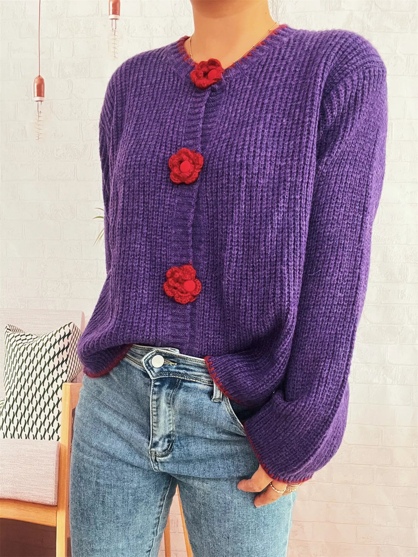 Flower Button Long Sleeve Cardigan OutfitFlow