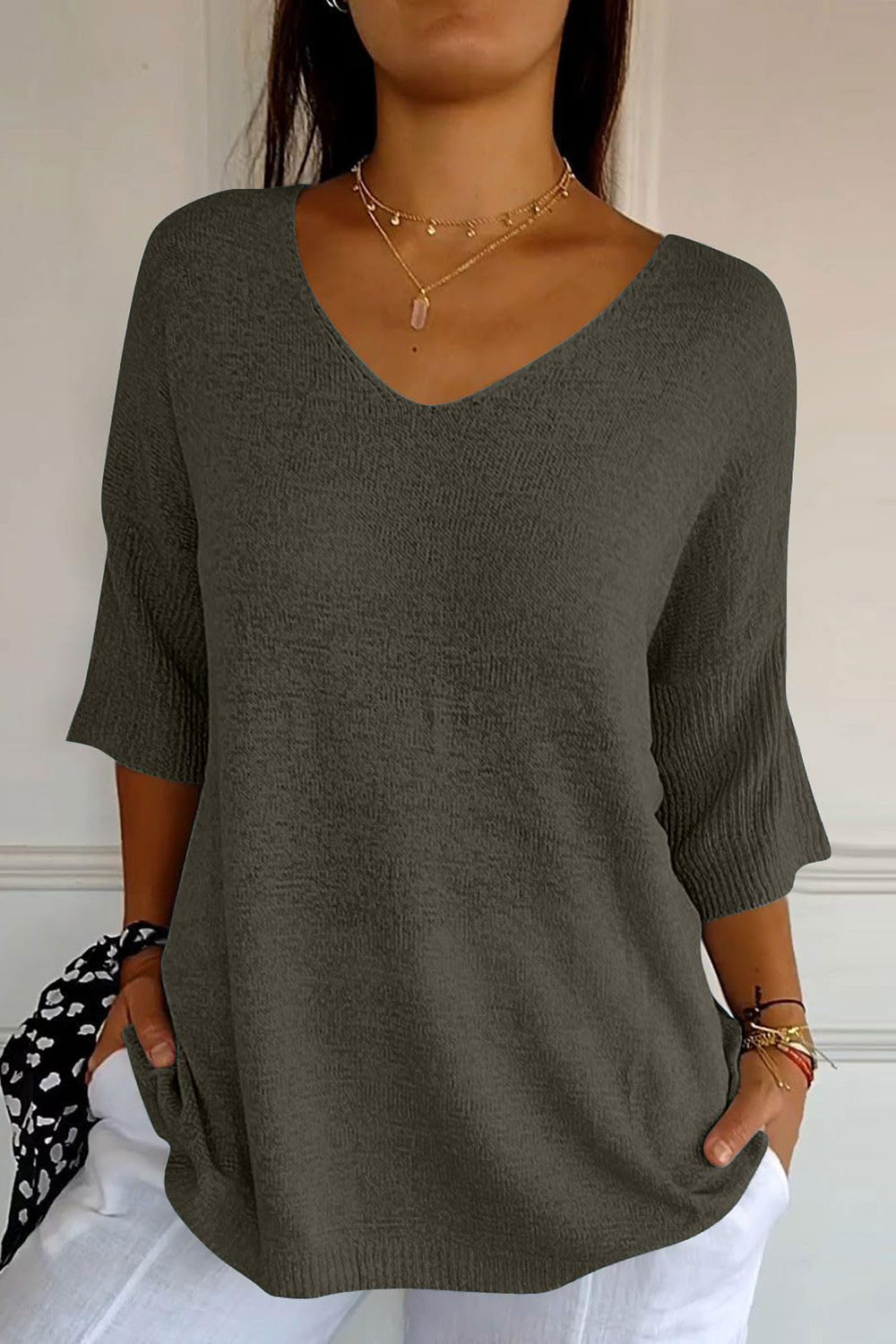 Outfit Flow - V-Neck Three-Quarter Sleeve Knit Top