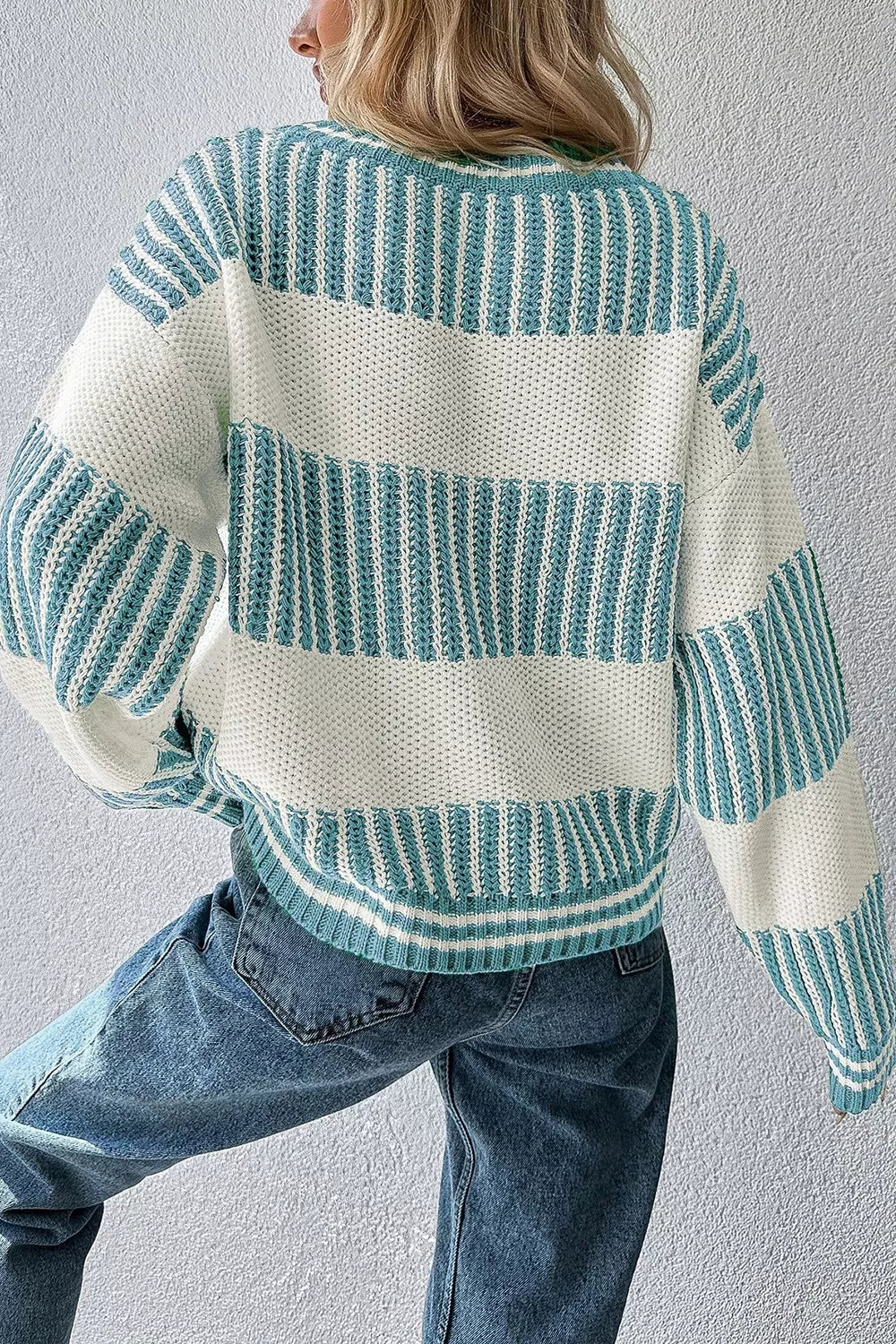 Two Tone Striped Patchwork Drop Shoulder Loose Sweater OutfitFlow