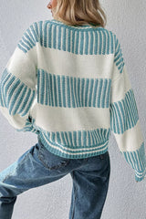 Two Tone Striped Patchwork Drop Shoulder Loose Sweater OutfitFlow