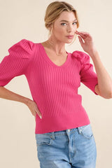 And The Why Puffed Half Sleeve Rib Basic Top Fuchsia OutfitFlow