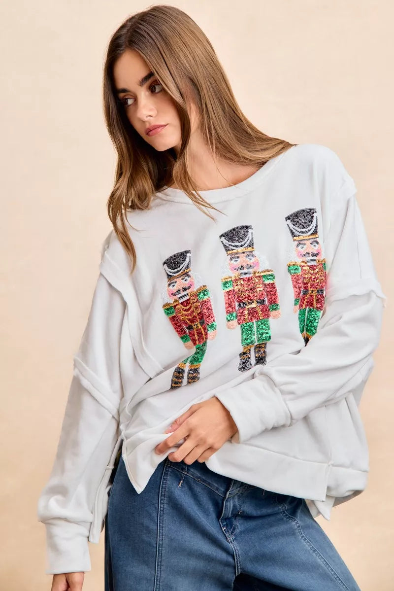 BiBi Christmas Sequin Nutcrackers Embroidery Sweatshirt OutfitFlow
