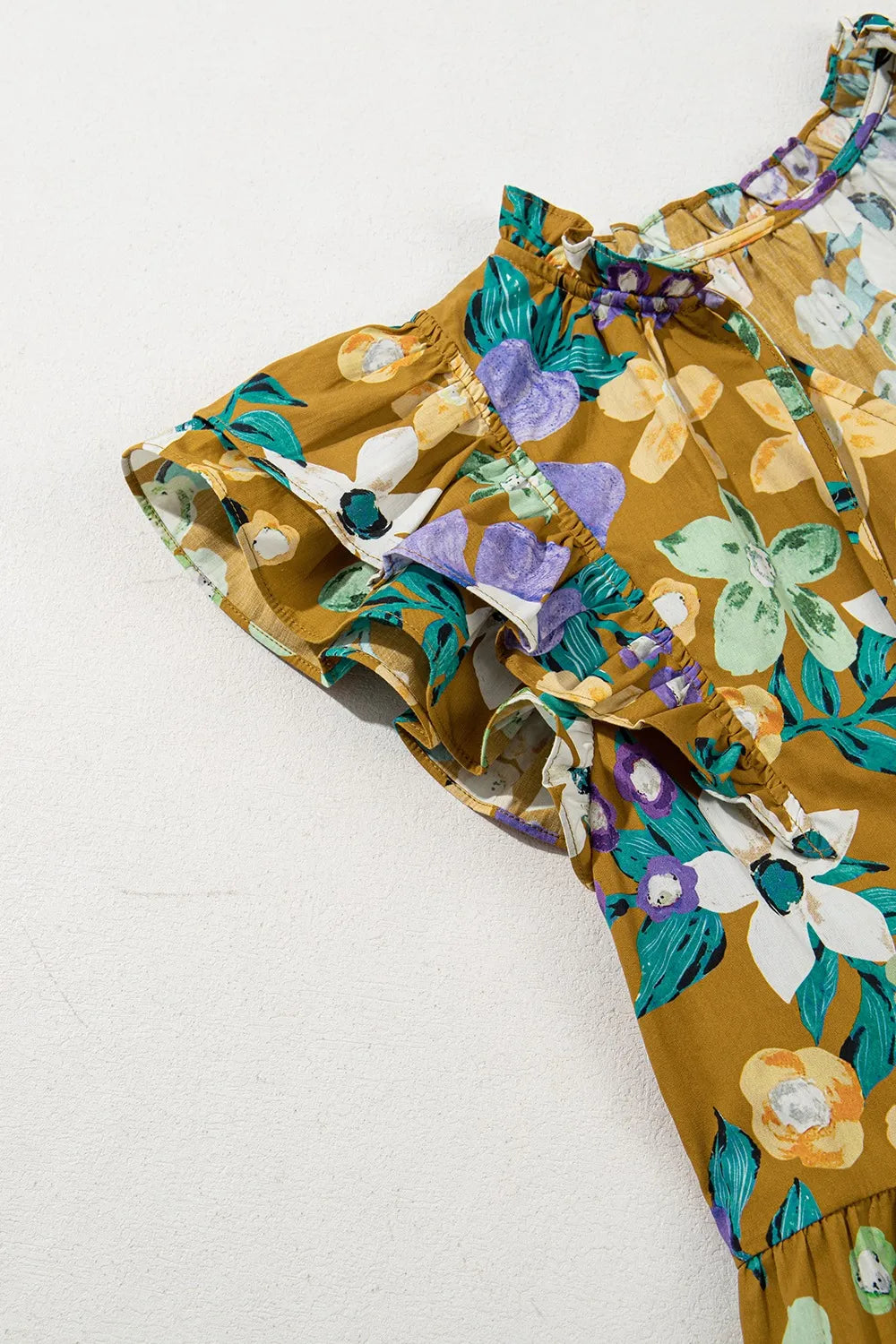 Floral Print Ruffle Cap Sleeve Tie Neck Top OutfitFlow