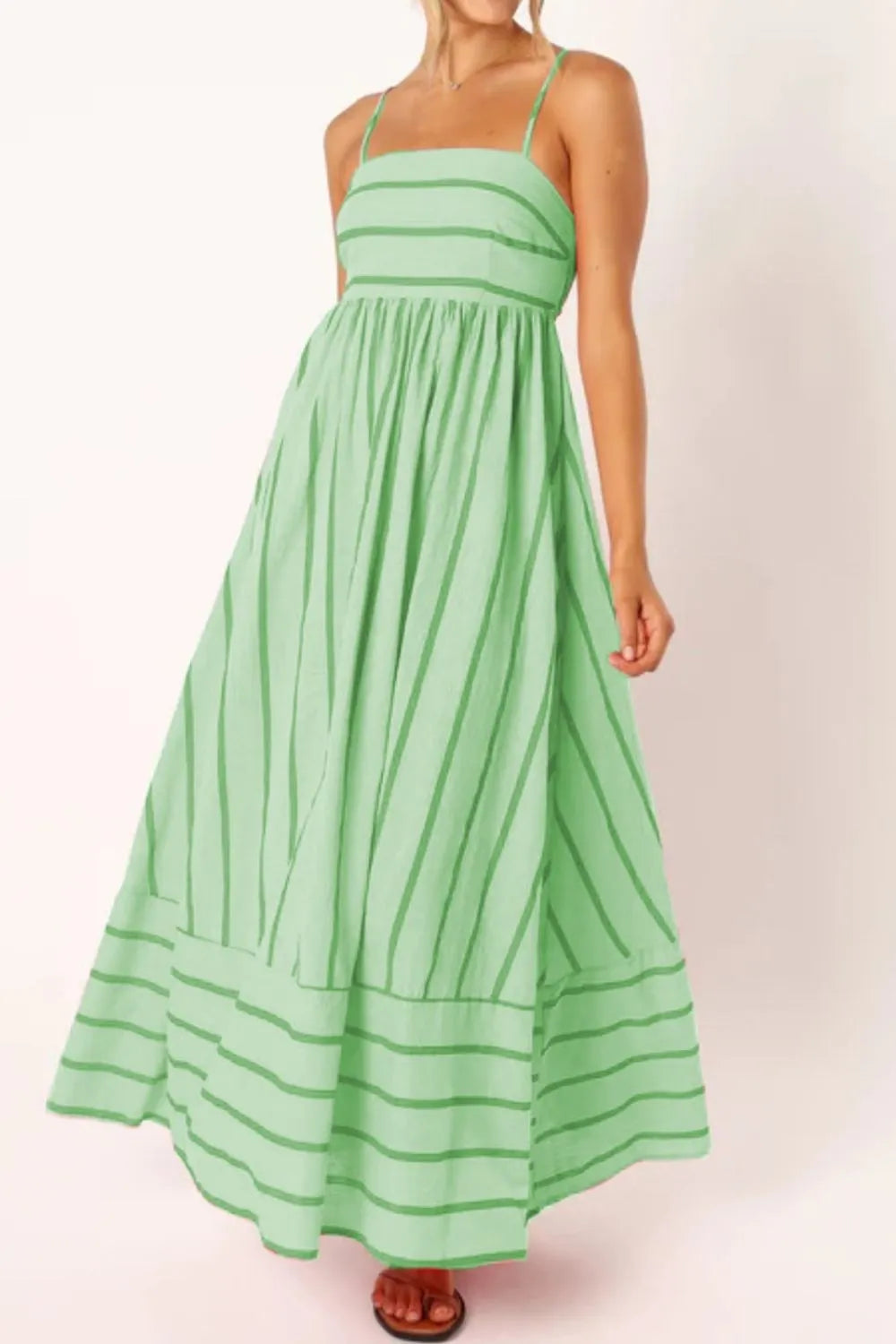 Striped Square Neck Cami Dress Light Green OutfitFlow