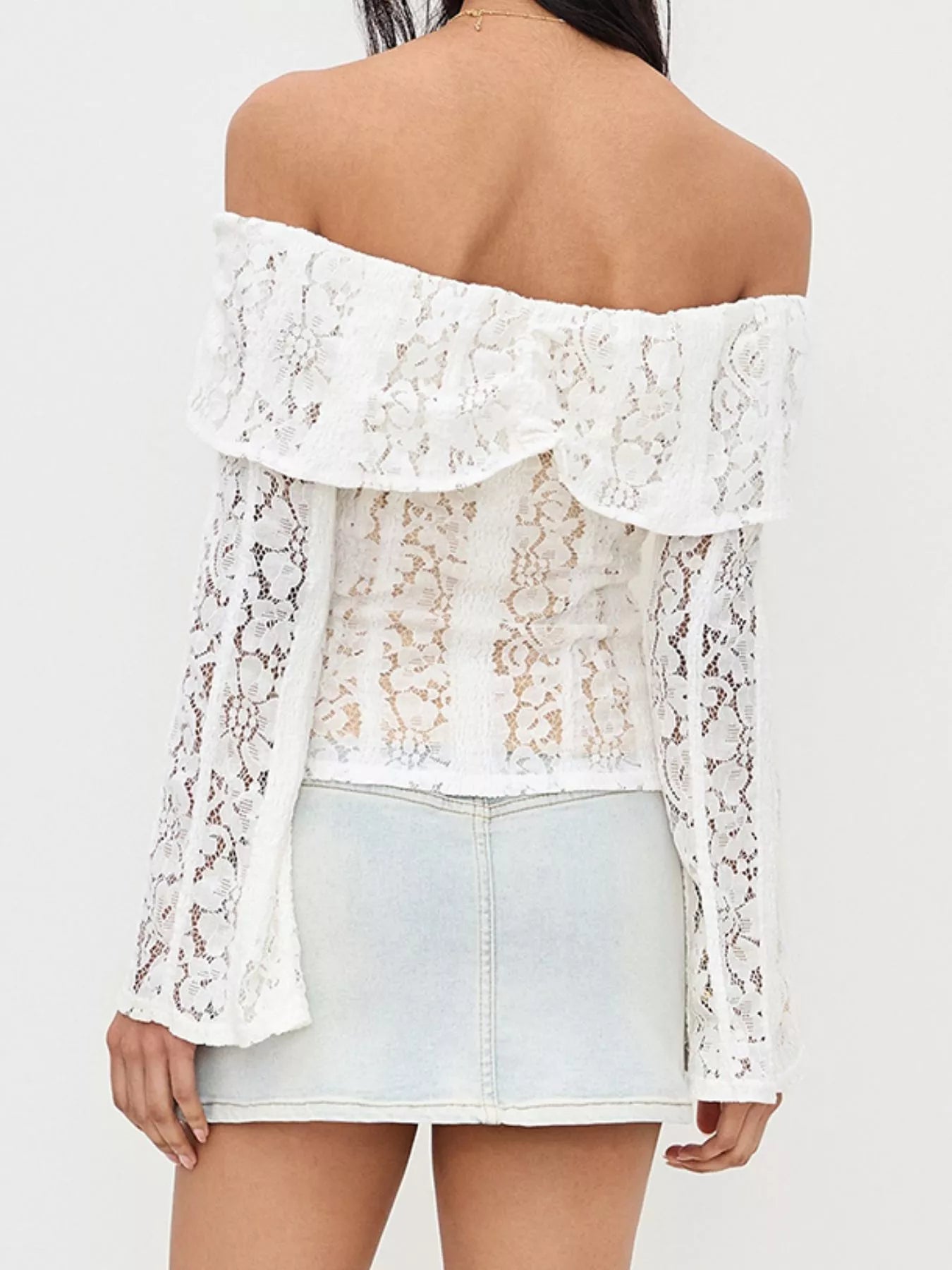 Off-Shoulder Lace Top with Bell Sleeves OutfitFlow