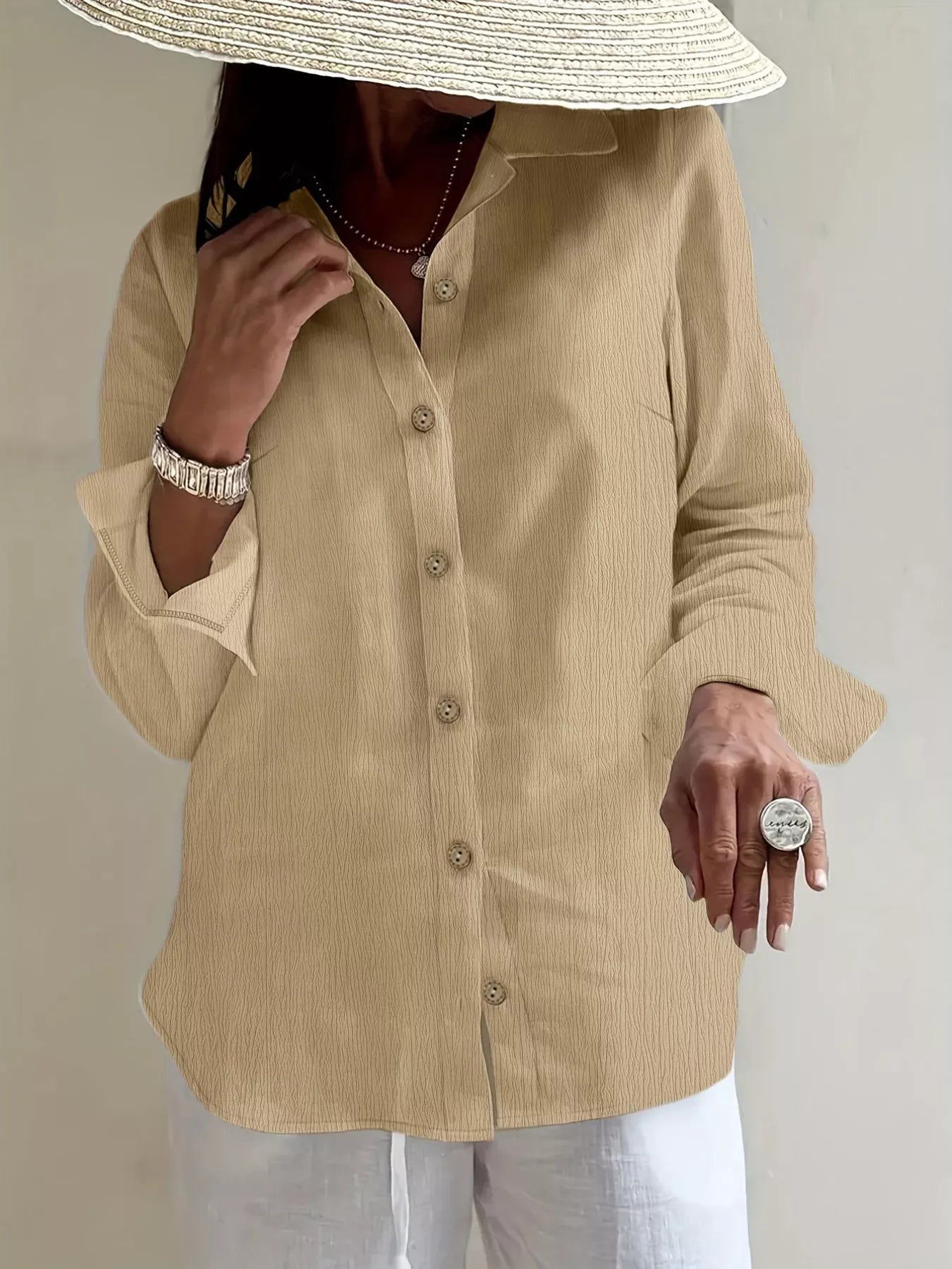 Plus Size Casual Long Sleeve Button-Down Shirt OutfitFlow