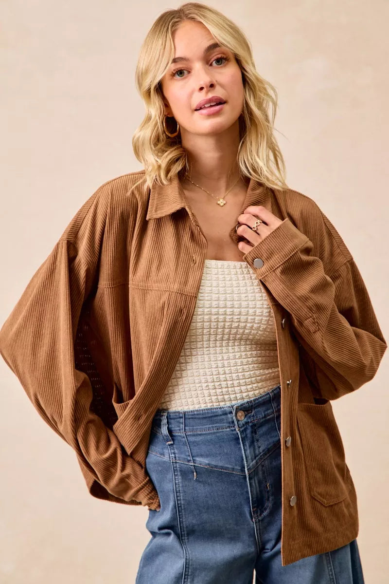 BiBi Corduroy Relaxed Fit Shacket with Back Pleat OutfitFlow