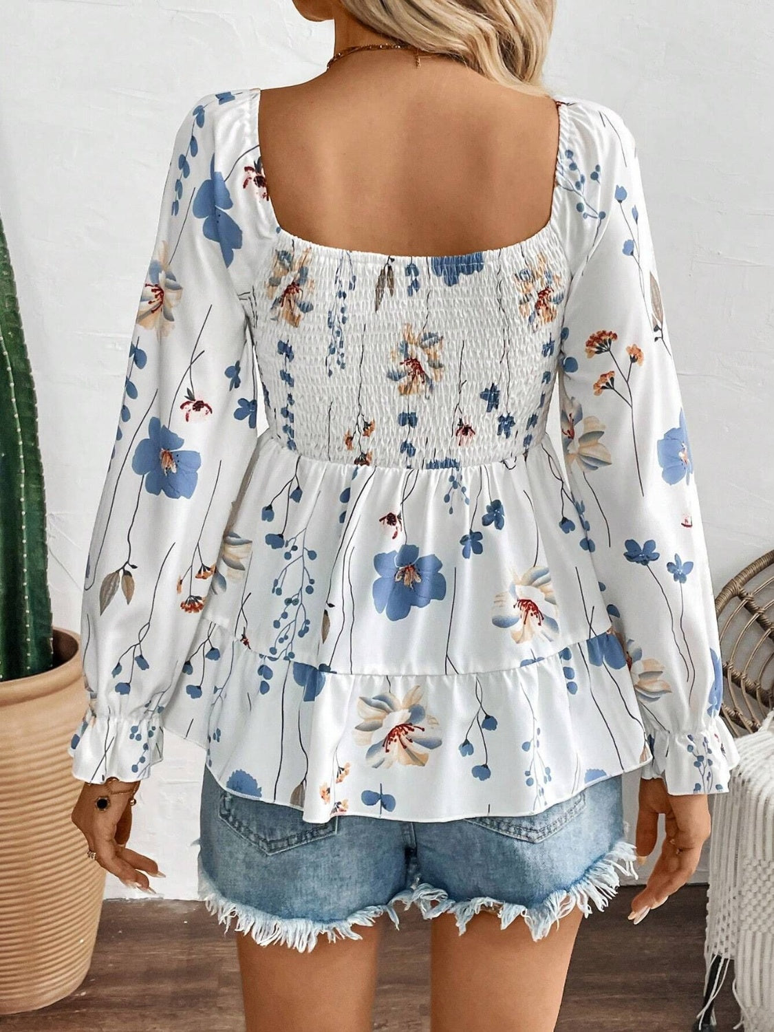 Outfit Flow - Smocked Floral Scoop Neck Flounce Sleeve Blouse