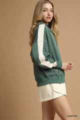 Umgee Contrast Long Sleeve Sweatshirt with Collar OutfitFlow