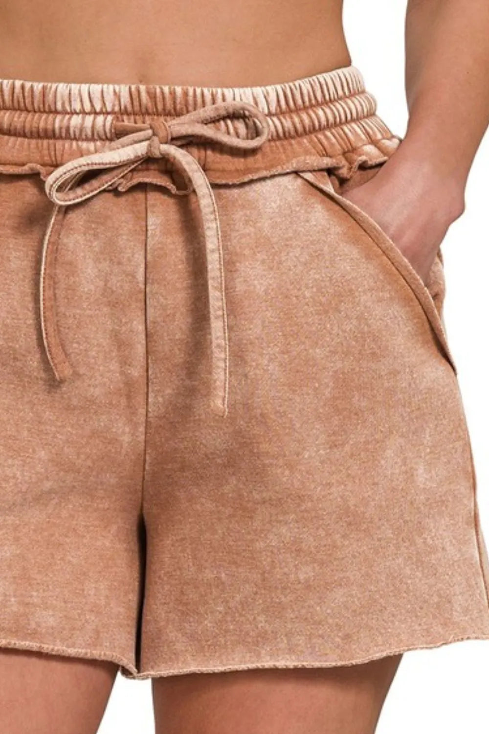Zenana Acid Wash Fleece Drawstring Shorts With Pockets OutfitFlow