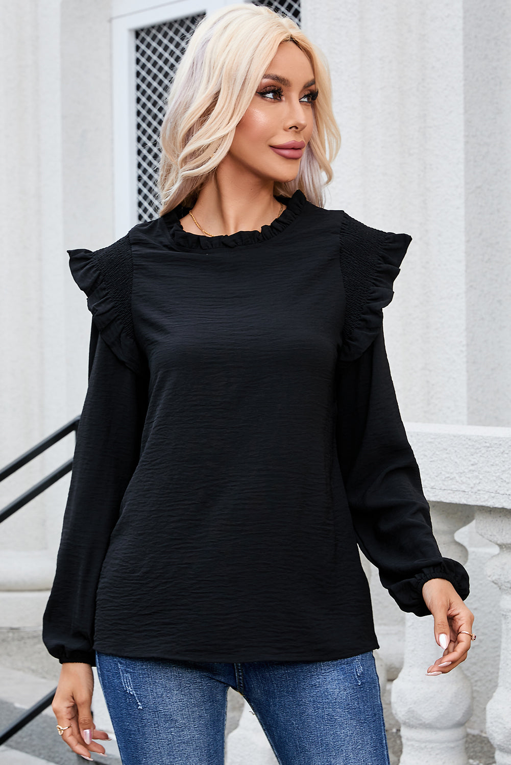 Frill Mock Neck Ruffled Balloon Sleeve Blouse OutfitFlow
