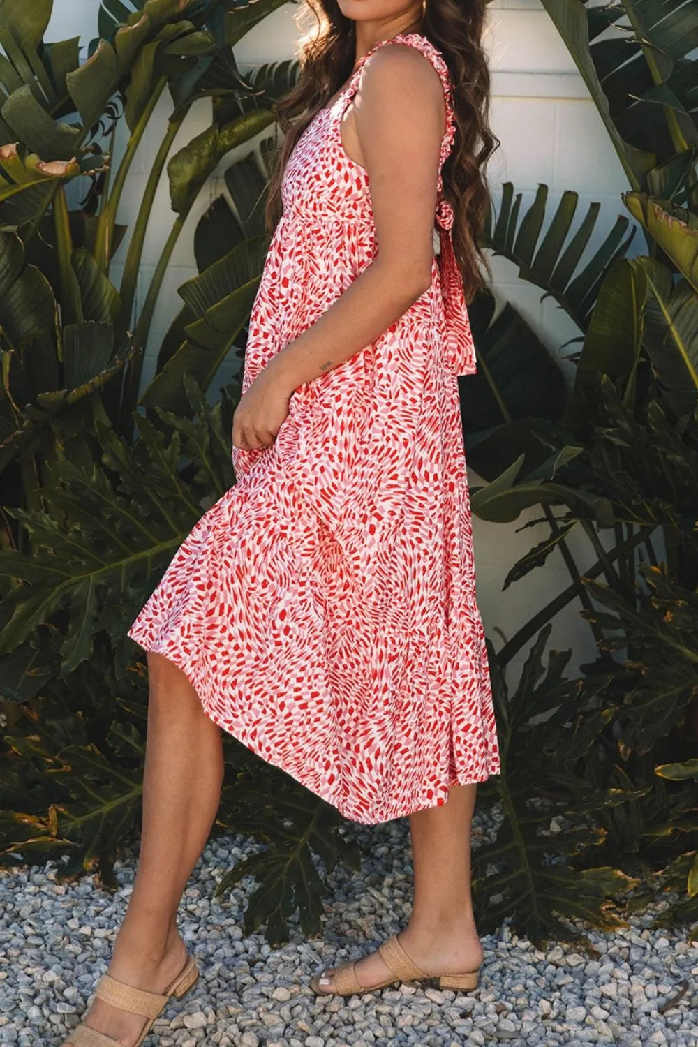 Geometric Print Knot Back Sleeveless Ruffle Hem Dress OutfitFlow