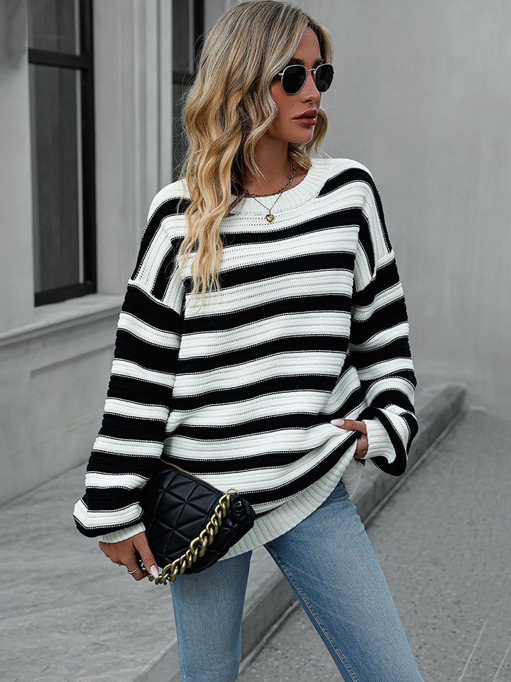 Striped Dropped Shoulder Sweater OutfitFlow
